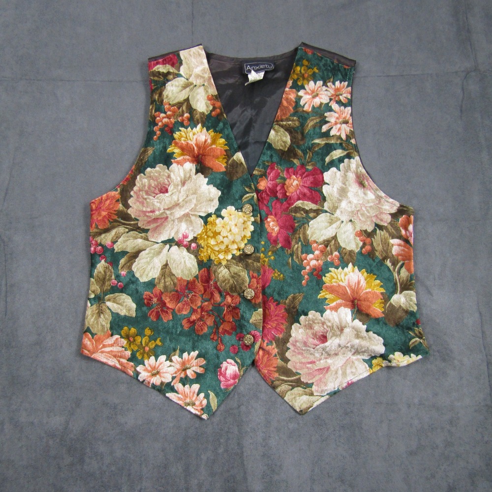 Anxiety Floral Tapestry Vest Women Medium Green Pink Vintage Button Front Top